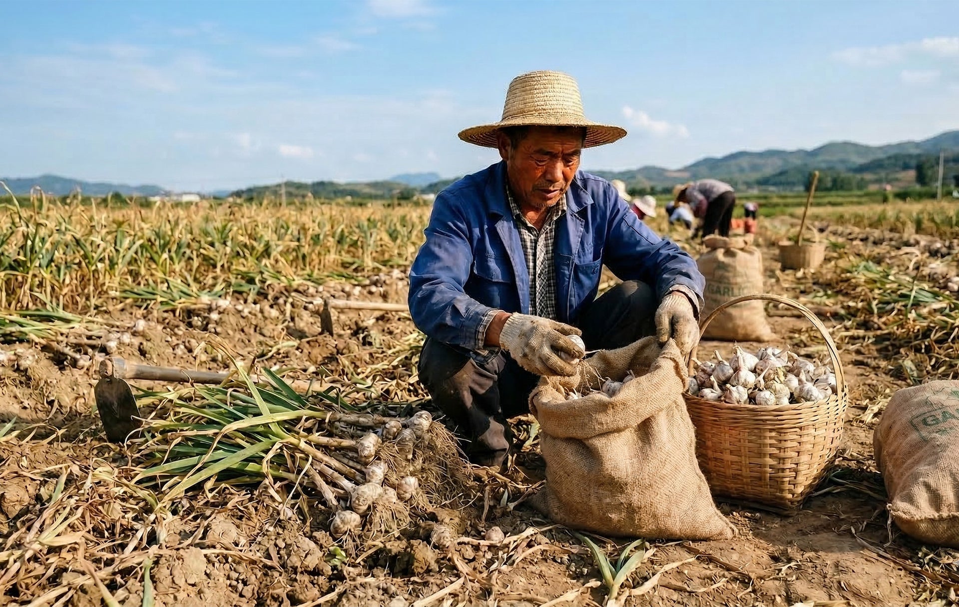 Fresh garlic harvesting at Shandong planting base.